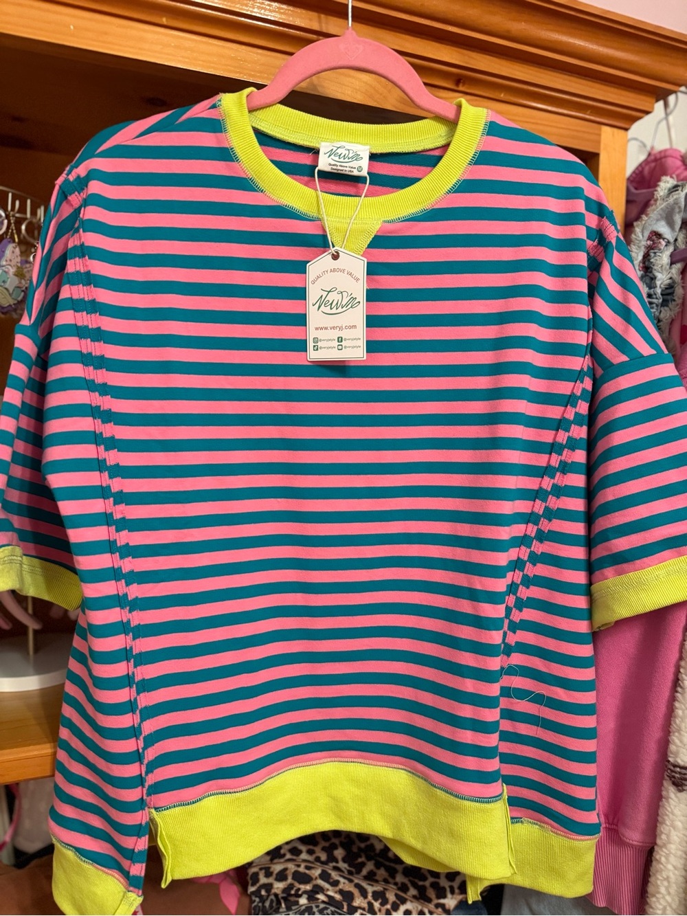 Very J Neon Trim Striped Tee - Pink & Teal